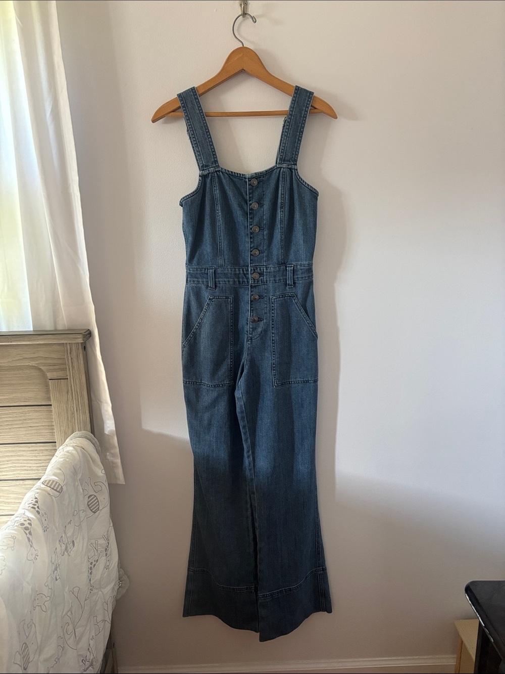 aerie Medium Blue Denim Button-Front Jumpsuit
